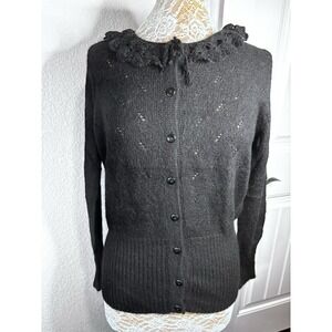 Vintage Peruvian Connection 100% Alpaca  Cardigan Sweater Black Eyelet Knit Med